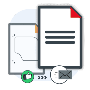 Grafik mit Dokument- und Ordnersymbolen, grünem Daumen-hoch-Icon und Pfeilen zu einem Briefumschlagsymbol.