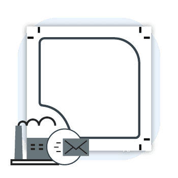 Grafische Darstellung mit quadratischem Umriss, Fabriksymbol und Briefumschlag-Icon in minimalistischem Design.
